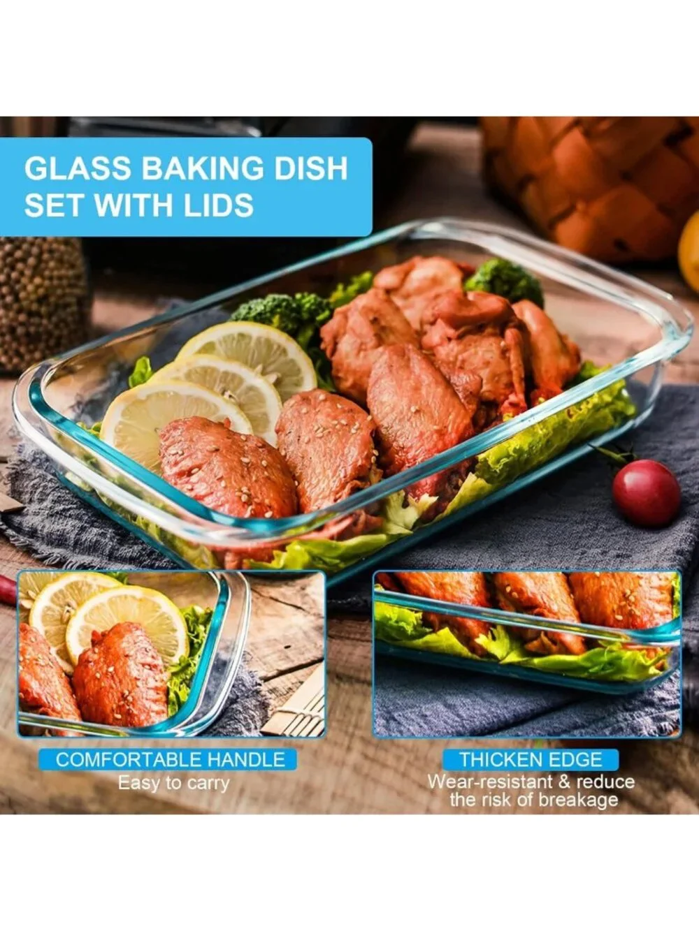 8-Piece Rectangular Glass Bakeware Set with Lids for Lasagna & Casseroles